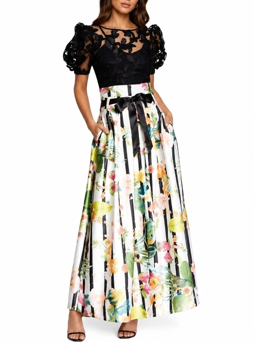 Gracia Skirts | Gracia Pleated Floral A-Line Maxi Skirt Striped Size High Waist | Color: Black/White | Size: M | Olivecotton's Closet